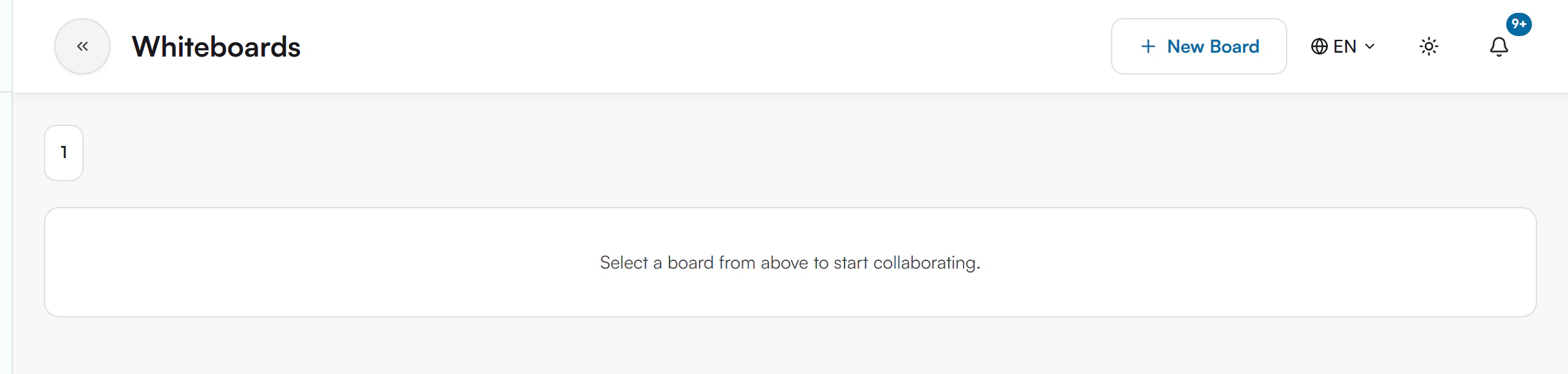 Whiteboards page with a New Board button, a single board tab numbered 1 and the message Select a board from above to start collaborating