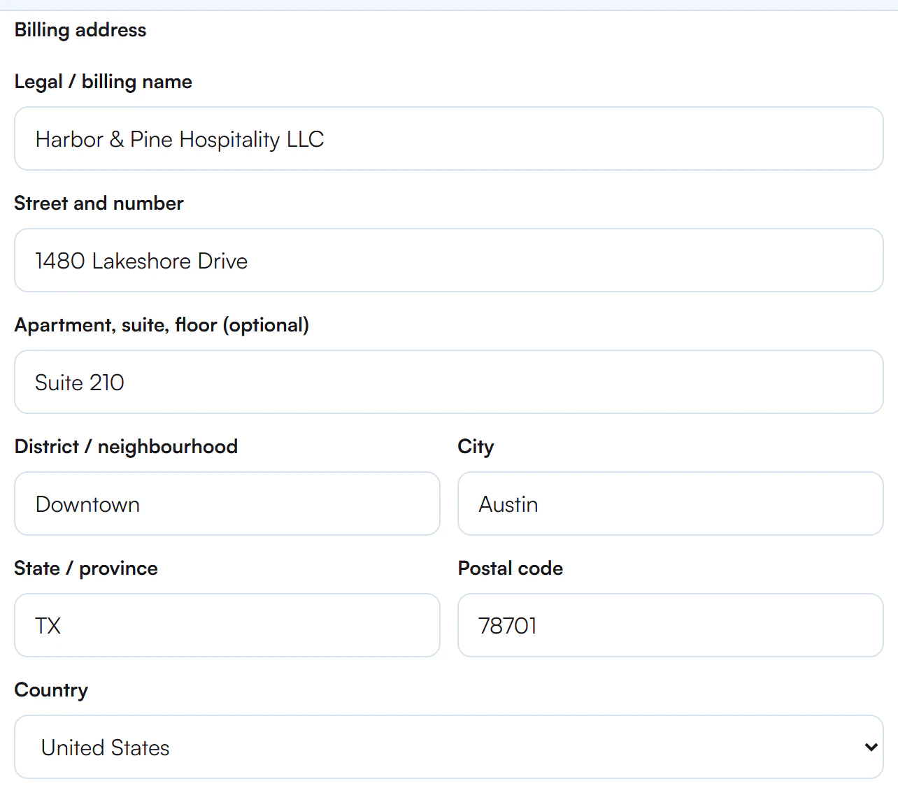 Billing address section with Legal billing name Harbor and Pine Hospitality LLC, street 1480 Lakeshore Drive, Suite 210, Downtown, Austin, TX, postal code 78701 and country United States