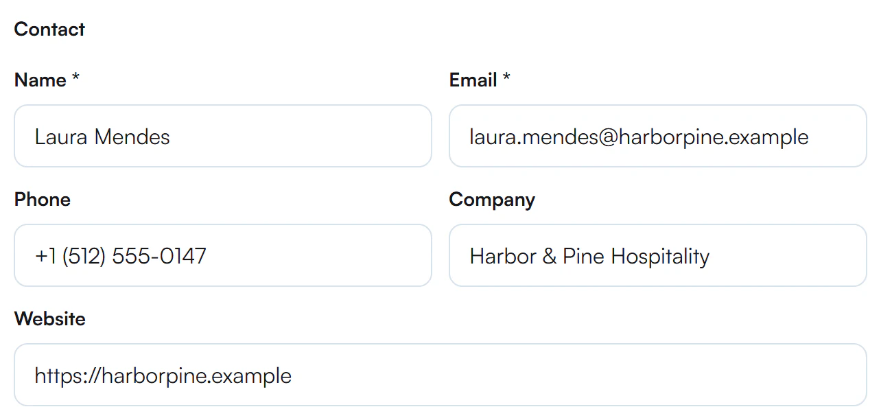 Contact section with Name Laura Mendes, Email laura.mendes at harborpine.example, Phone +1 (512) 555-0147, Company Harbor and Pine Hospitality and Website https://harborpine.example