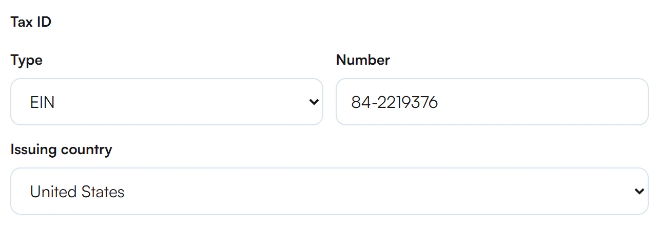 Tax ID section with Type set to EIN, Number 84-2219376 and Issuing country United States