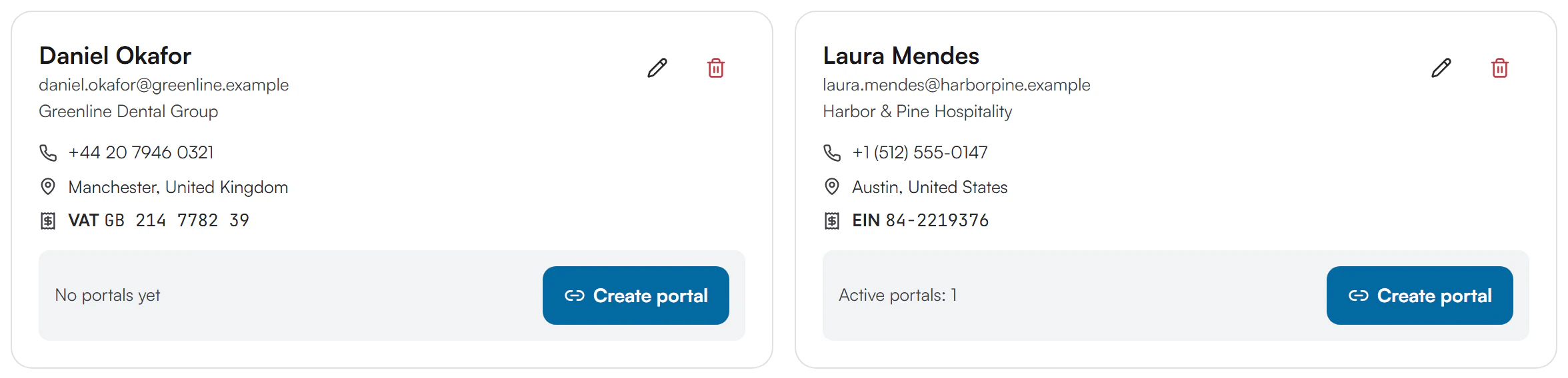 Two client cards: Daniel Okafor, Greenline Dental Group, with No portals yet, and Laura Mendes, Harbor and Pine Hospitality, with Active portals: 1