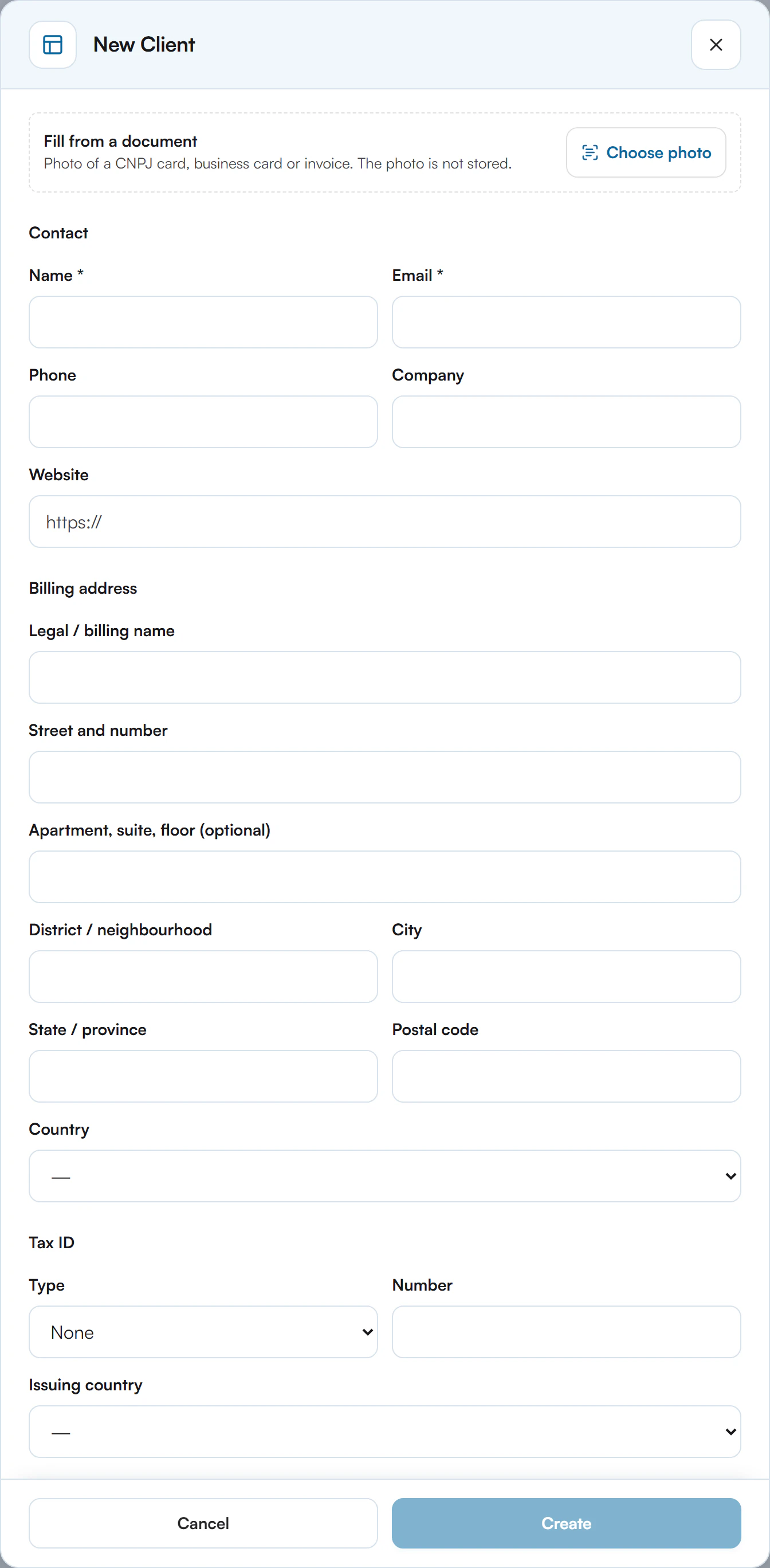 New Client dialog with Fill from a document at the top, then Contact, Billing address, Tax ID and the Cancel and Create buttons at the bottom