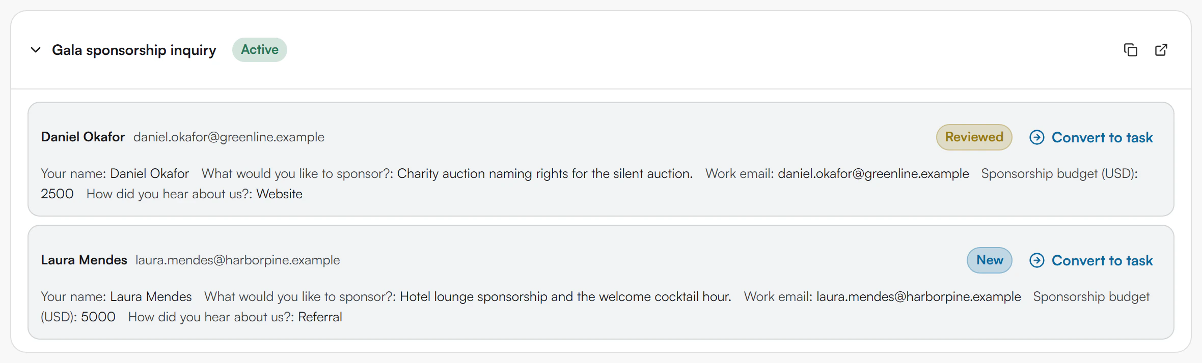 Open form Gala sponsorship inquiry with two submissions. Daniel Okafor, badge Reviewed, and Laura Mendes, badge New. Each lists the answers as field label and answer, and has a Convert to task button