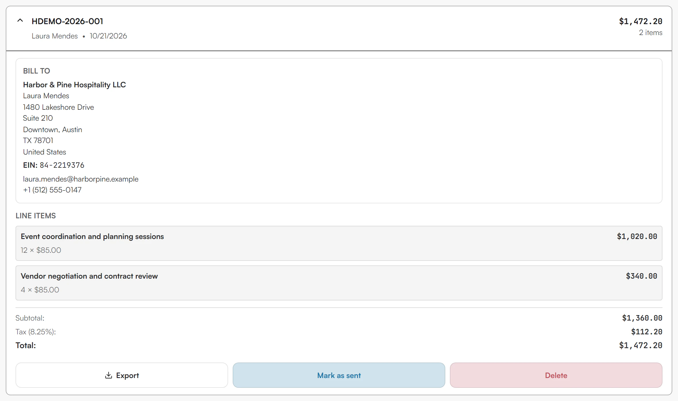 Expanded invoice HDEMO-2026-001 for Laura Mendes: Bill to block, two line items, Subtotal 1,360.00, Tax 8.25 percent 112.20, Total 1,472.20, and the buttons Export, Mark as sent and Delete