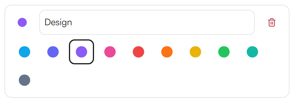 Label Design with its purple dot and a row of ten colour swatches below it; the purple swatch is outlined as the current colour