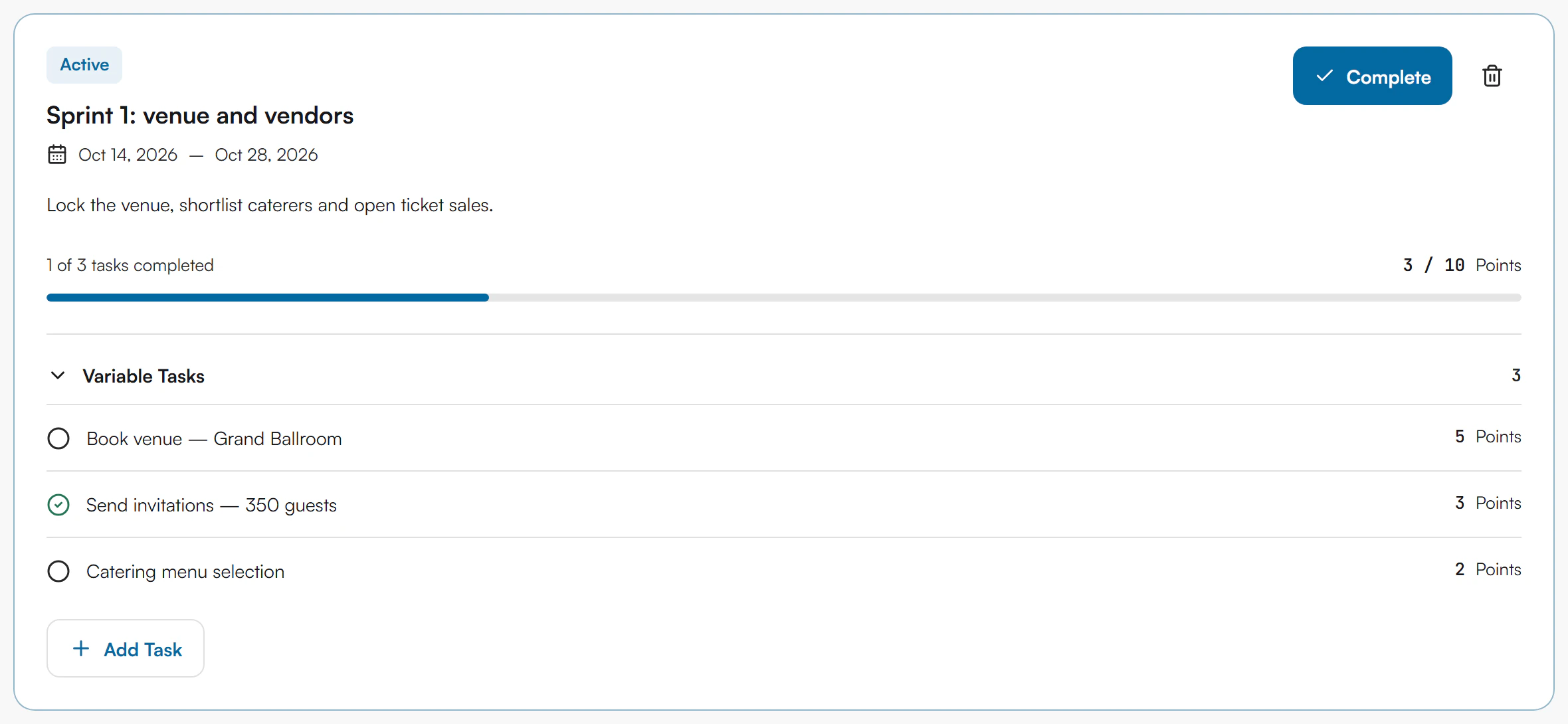 Sprint card named Sprint 1: venue and vendors, status Active, dated Oct 14 to Oct 28 2026, showing 1 of 3 tasks completed and 3 of 10 points, with three tasks and their points, a Complete button and an Add Task button