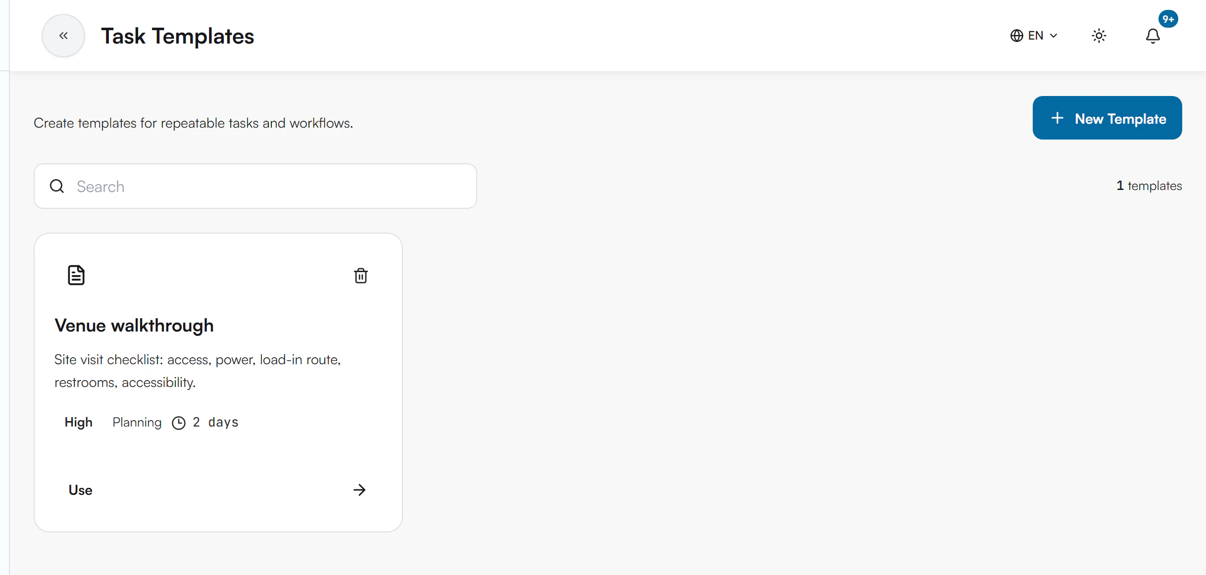 Task Templates page with a Search box, the count 1 templates and a Venue walkthrough card showing High priority, Planning phase, 2 days and a Use button