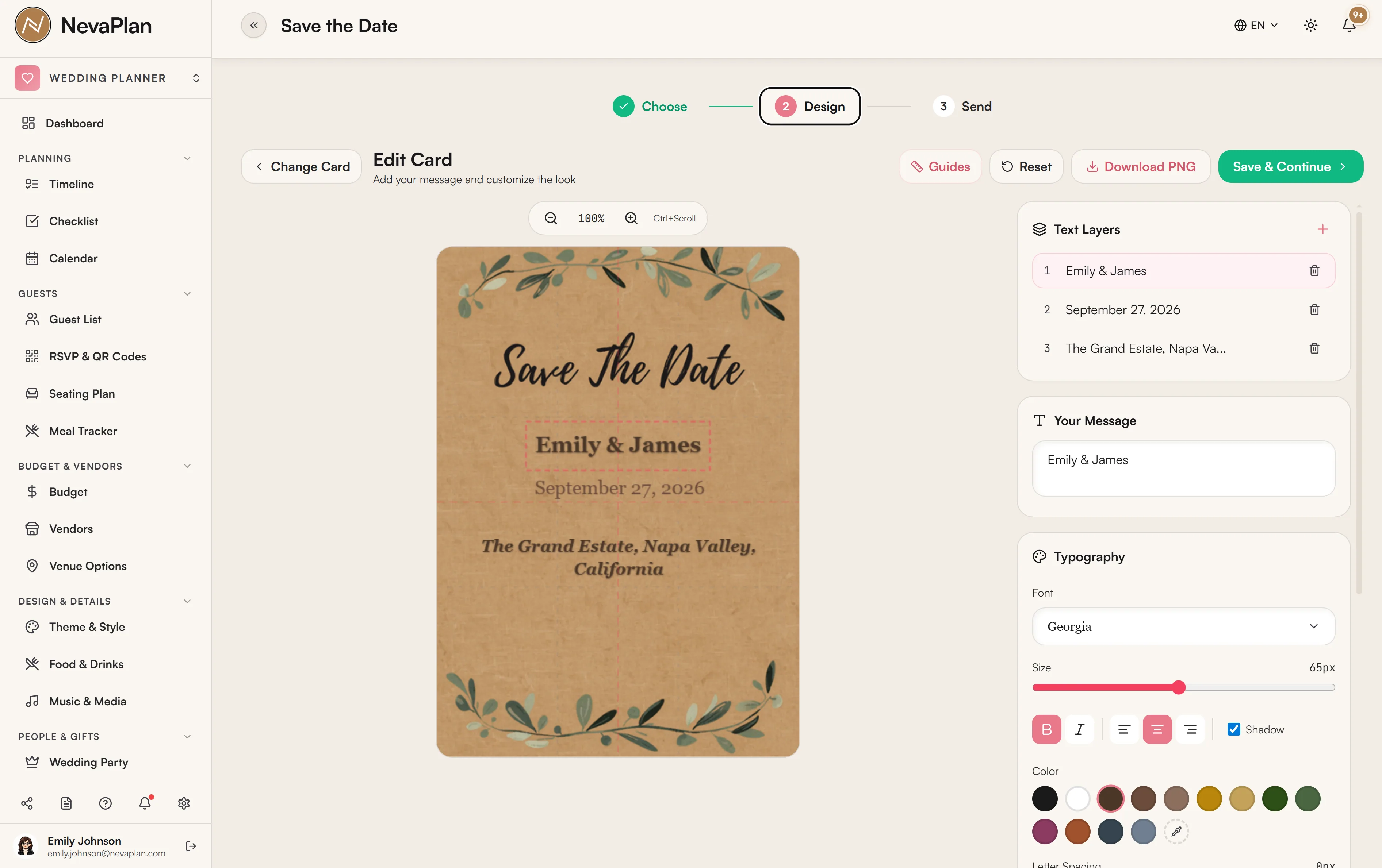 Save the Date editor with text layers and typography panel