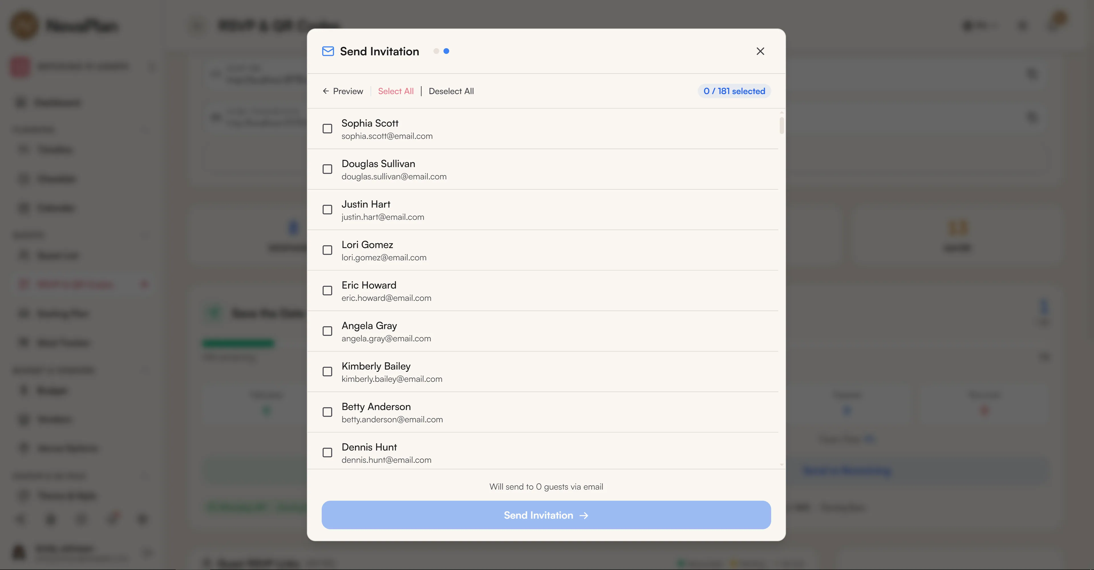 Send invitation modal with recipient selection