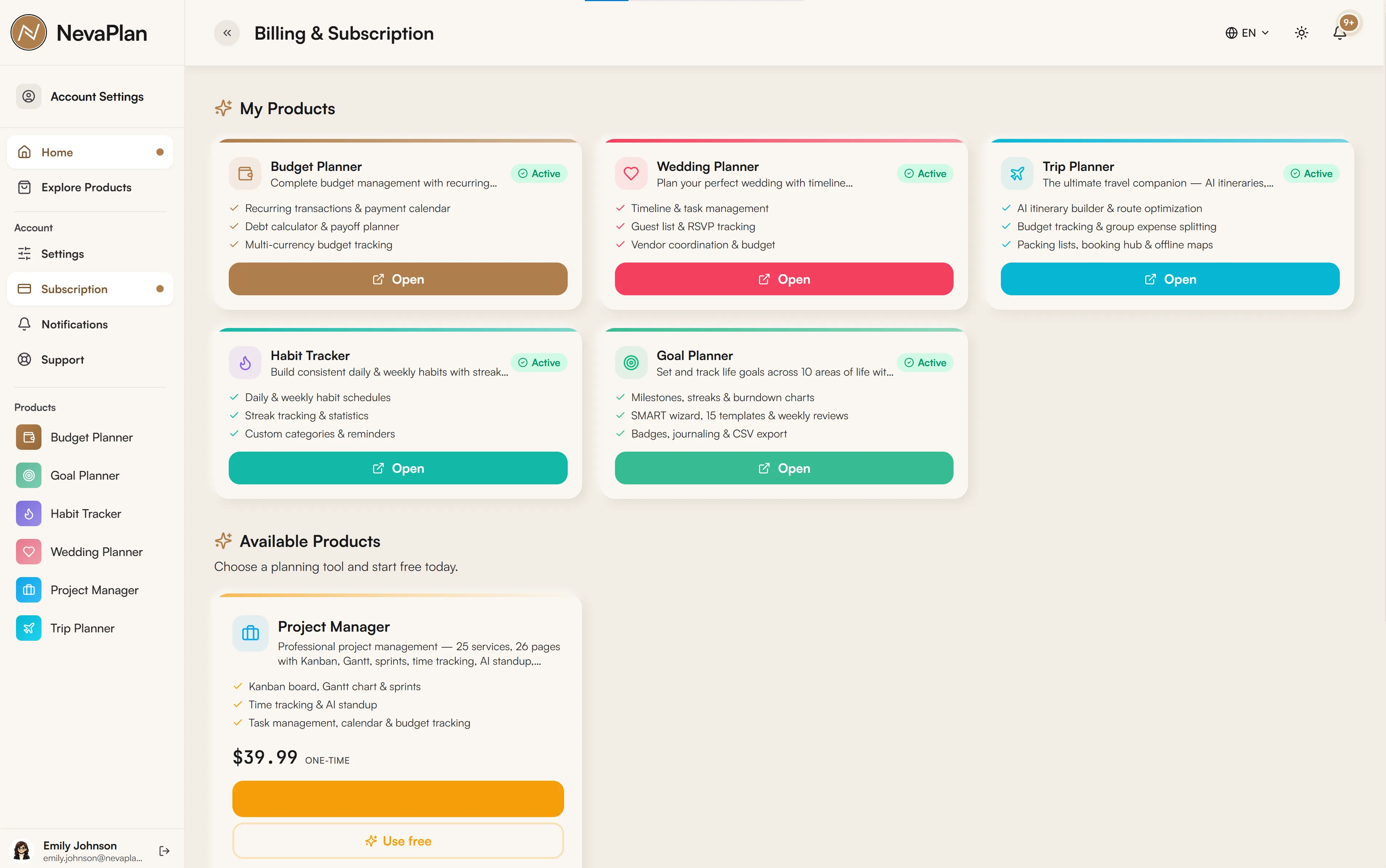 Billing and Subscription page showing active and available products