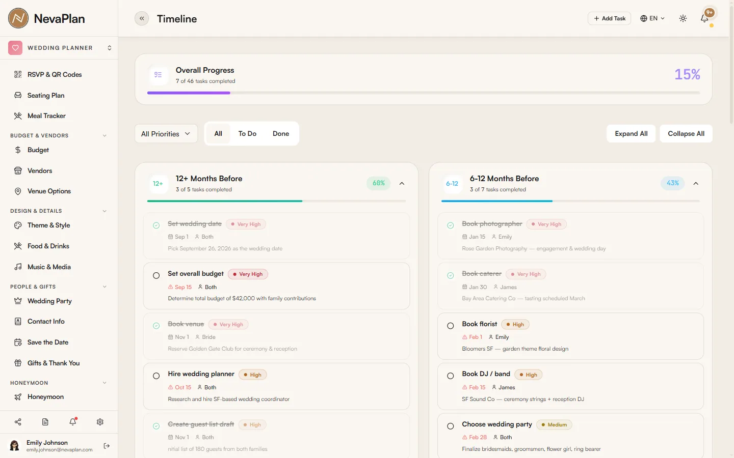 Timeline main screen, period cards