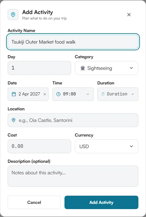 Add Activity form with activity name, day, category, date, time, duration, location, cost and description fields