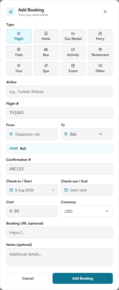 Add Booking form with type buttons, airline, flight number, from and to cities, confirmation number, dates, cost, booking URL and notes
