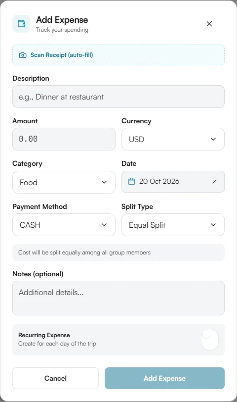 Add Expense form with description, amount, currency, category, date, payment method, split type, notes and recurring toggle