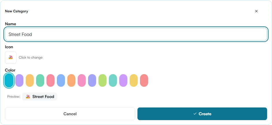 New Category form with the name Street Food, an icon picker, color options and a preview