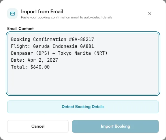 Import from Email window with a pasted flight confirmation and the Detect Booking Details button