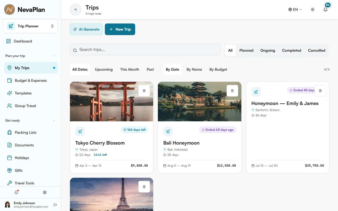 My Trips page showing trip cards for Tokyo, Bali, Santorini and Paris