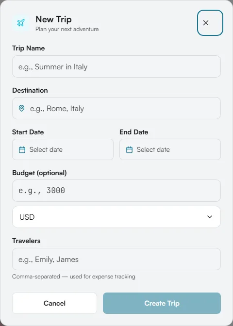 New Trip form with fields for trip name, destination, dates, budget, currency and travelers