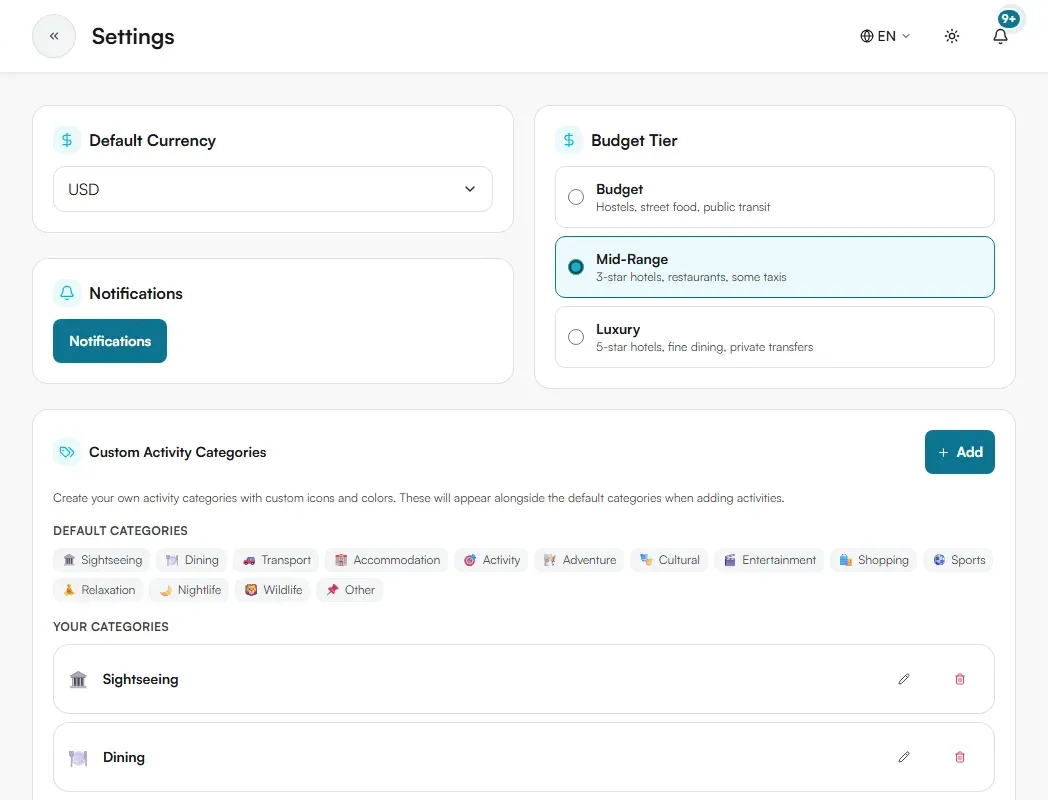 Trip Planner Settings page with Default Currency, Budget Tier, Notifications and Custom Activity Categories