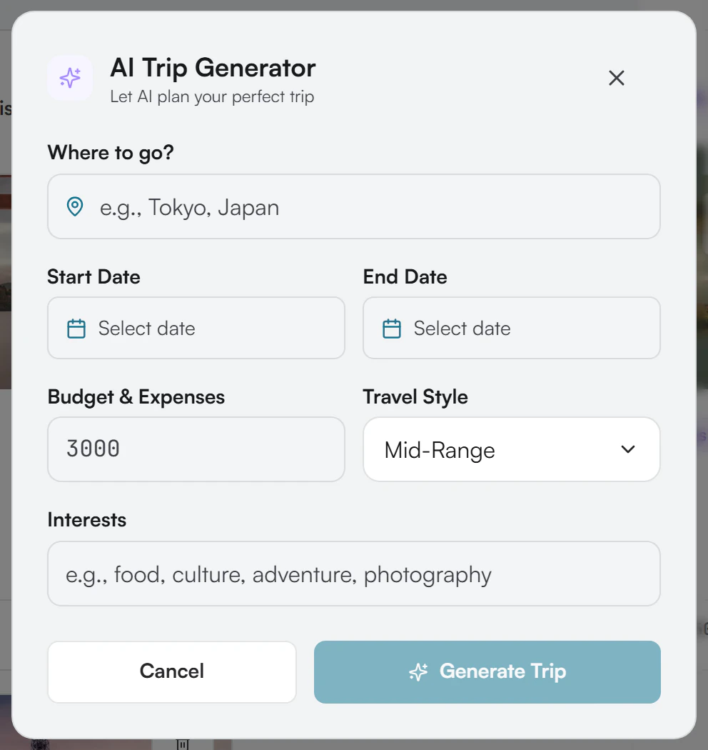 AI Trip Generator window with destination, dates, budget, travel style and interests fields