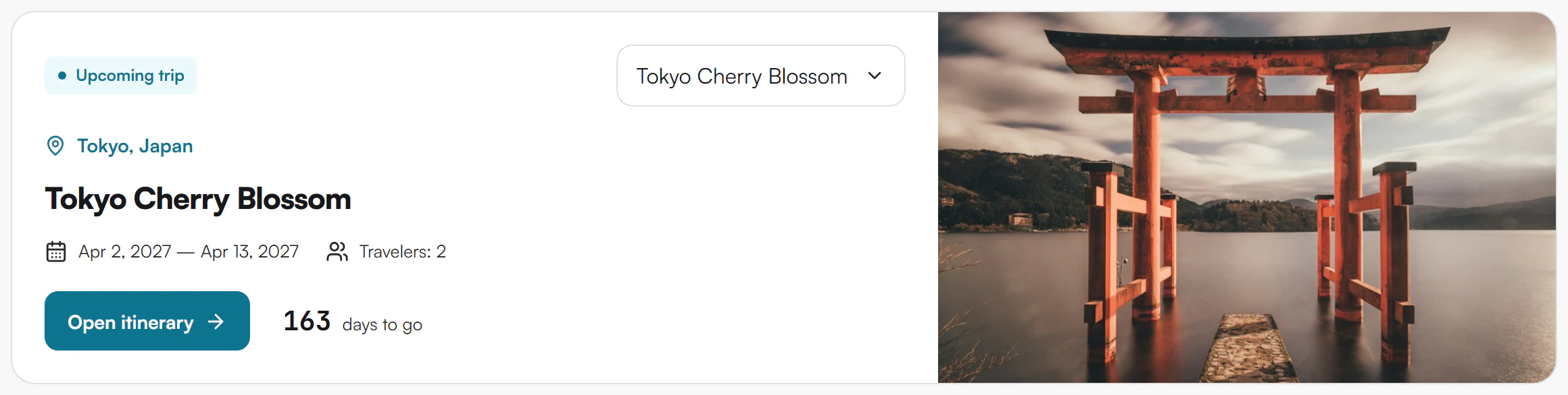 Trip card showing Upcoming trip badge, destination Tokyo Japan, dates, travelers count and Open itinerary button