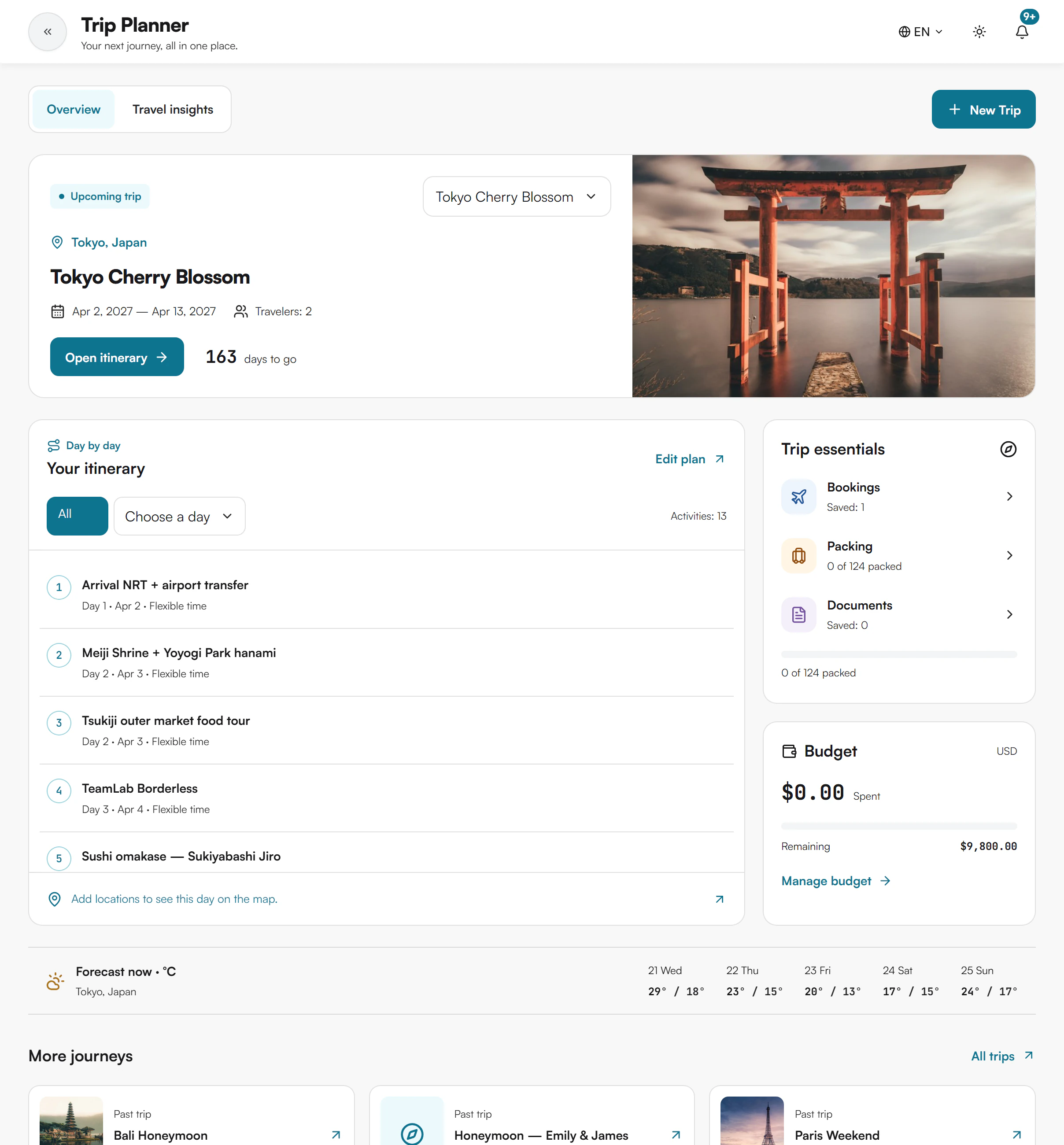 Trip Planner dashboard with the Overview and Travel insights buttons, the trip card, the itinerary, trip essentials and budget