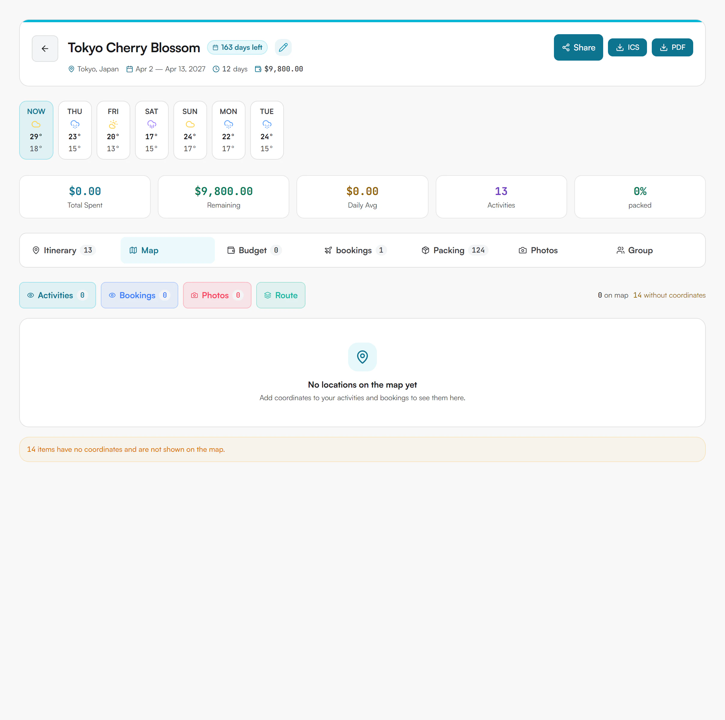 Map tab with a map of the trip area, layer buttons for Activities, Bookings, Photos and Route, an Optimize button and a legend