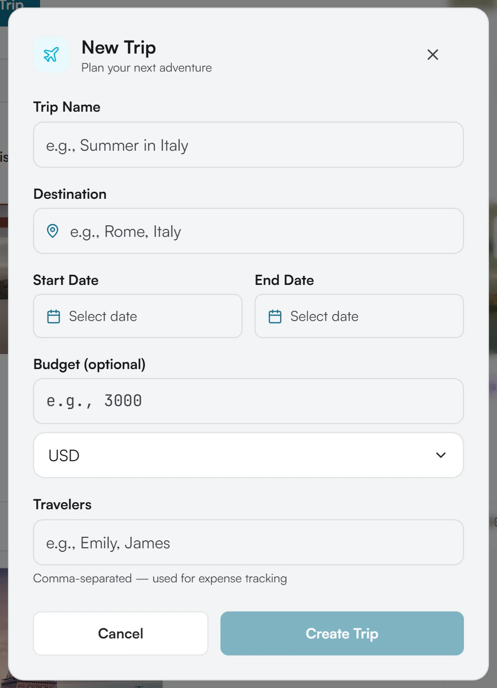 New Trip window with Trip Name, Destination, Start Date, End Date, Budget, Currency and Travelers fields and the Create Trip button