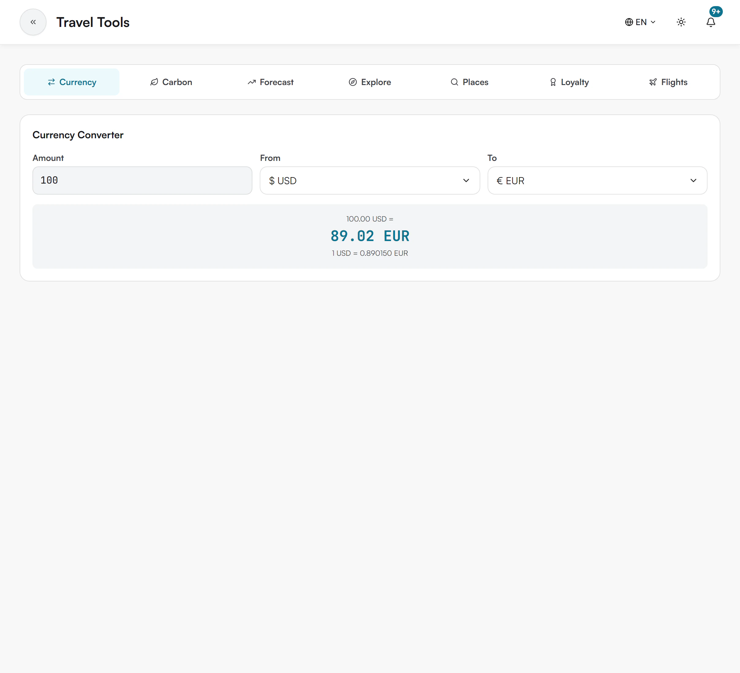 Travel Tools page with tabs for Currency, Carbon, Forecast, Explore, Places, Loyalty and Flights
