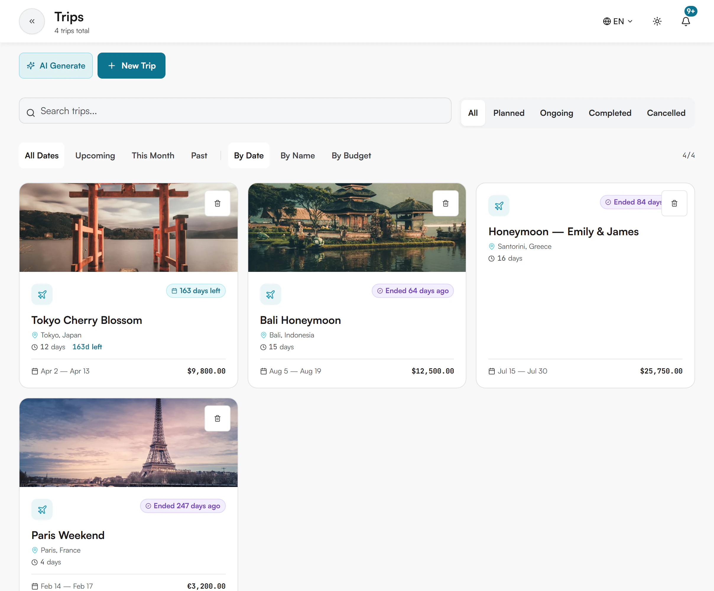 My Trips page with the New Trip and AI Generate buttons, a search field, status and date filters, sort buttons and trip cards