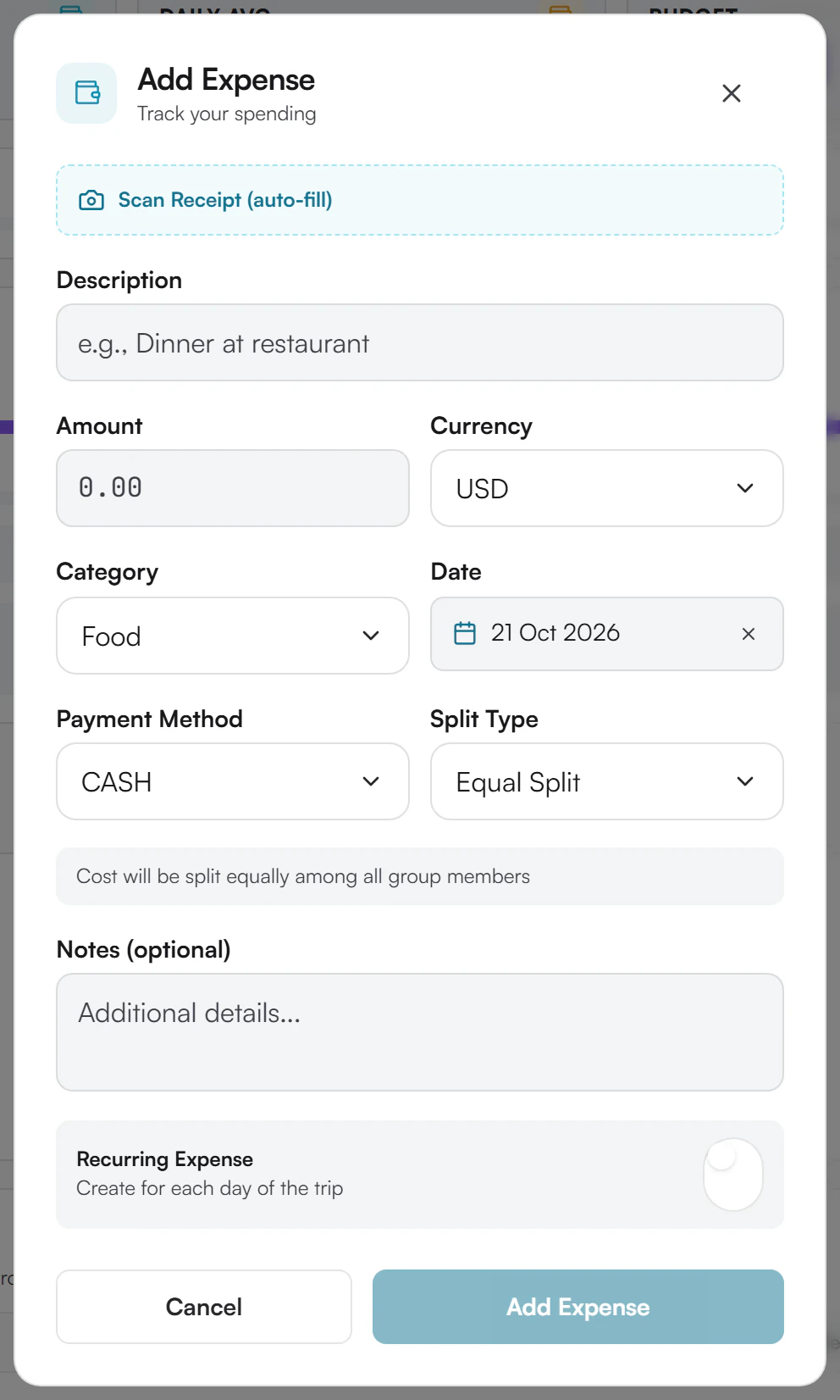 Add Expense window with Scan Receipt (auto-fill), Description, Amount 0.00, Currency USD, Category Food, Date, Payment Method CASH, Split Type Equal Split, Notes, Recurring Expense switch, and Cancel and Add Expense buttons