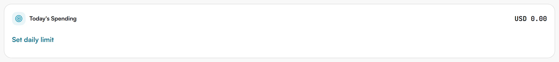 Today's Spending card showing USD 0.00 and a Set daily limit link