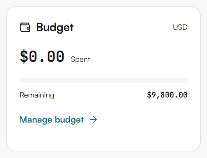 Budget card showing $0.00 Spent, a progress bar, Remaining $9,800.00 and the Manage budget link, in USD