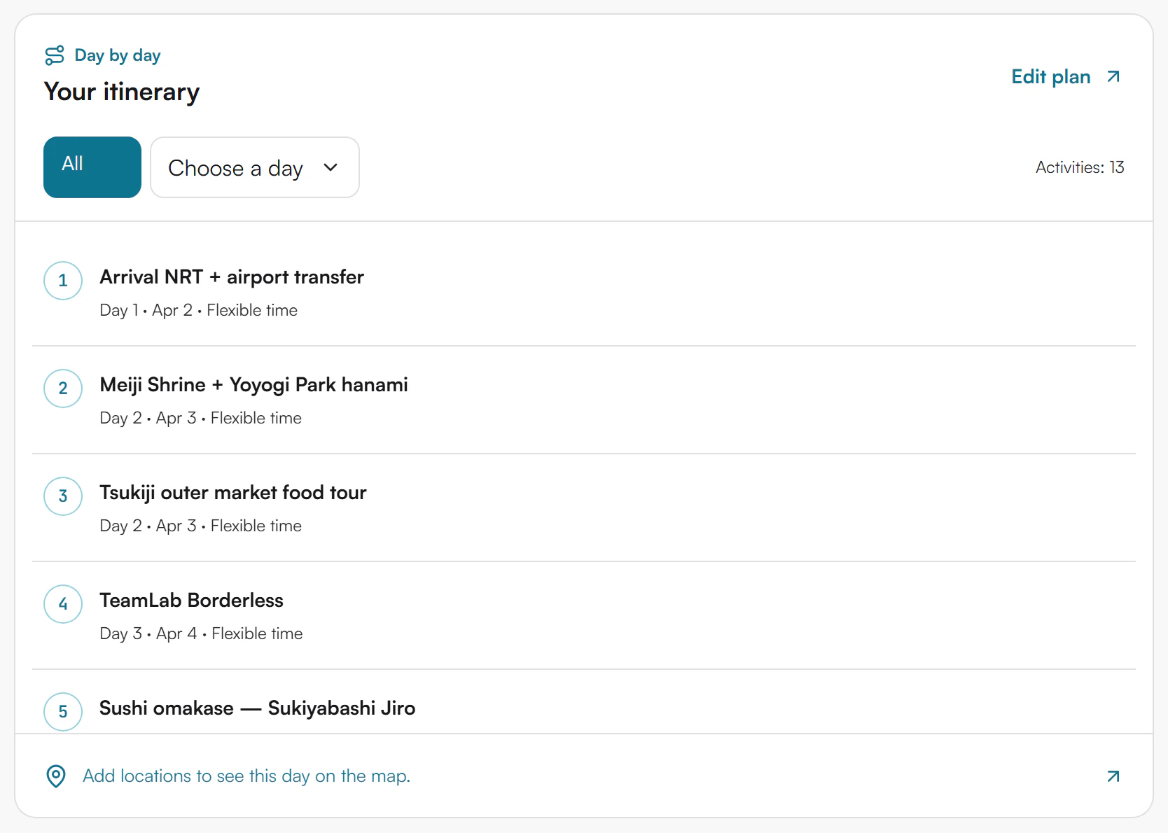 Your itinerary panel with the All button, Choose a day dropdown, Activities 13, a numbered activity list and the hint to add locations to see the day on the map