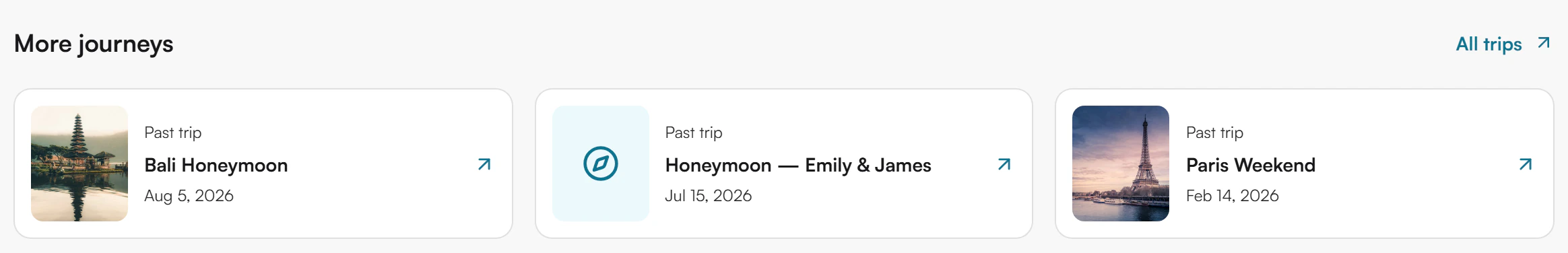 More journeys row with the All trips link and three past trip cards: Bali Honeymoon, Honeymoon Emily and James, and Paris Weekend