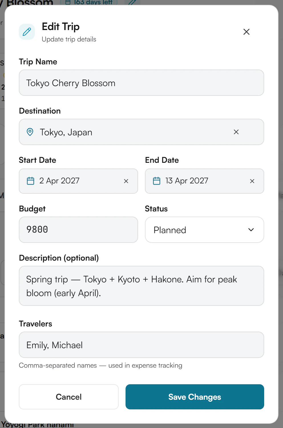 Edit Trip window with Trip Name, Destination, Start Date, End Date, Budget, Status set to Planned, Description, Travelers, and the Cancel and Save Changes buttons
