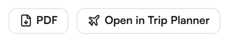Header buttons on the honeymoon page: PDF and Open in Trip Planner with a plane icon