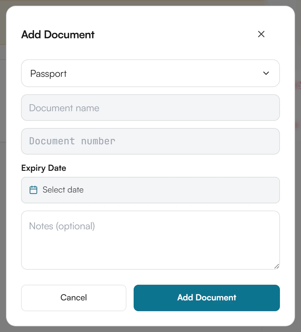 Add Document window with a Passport type selector, Document name and Document number fields, an Expiry Date picker, a Notes field and Cancel and Add Document buttons