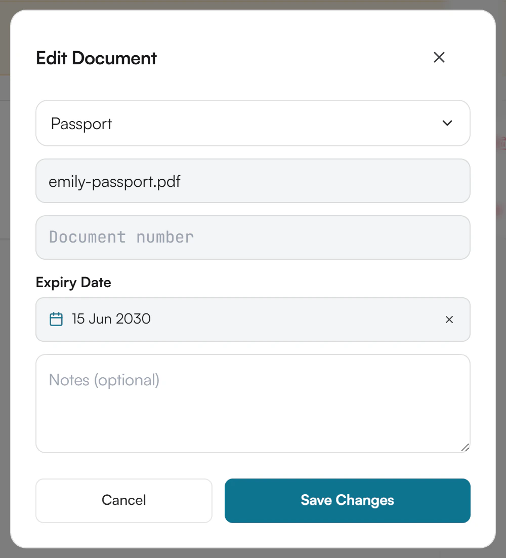 Edit Document window with the type set to Passport, the name emily-passport.pdf, an expiry date of 15 Jun 2030 and a Save Changes button
