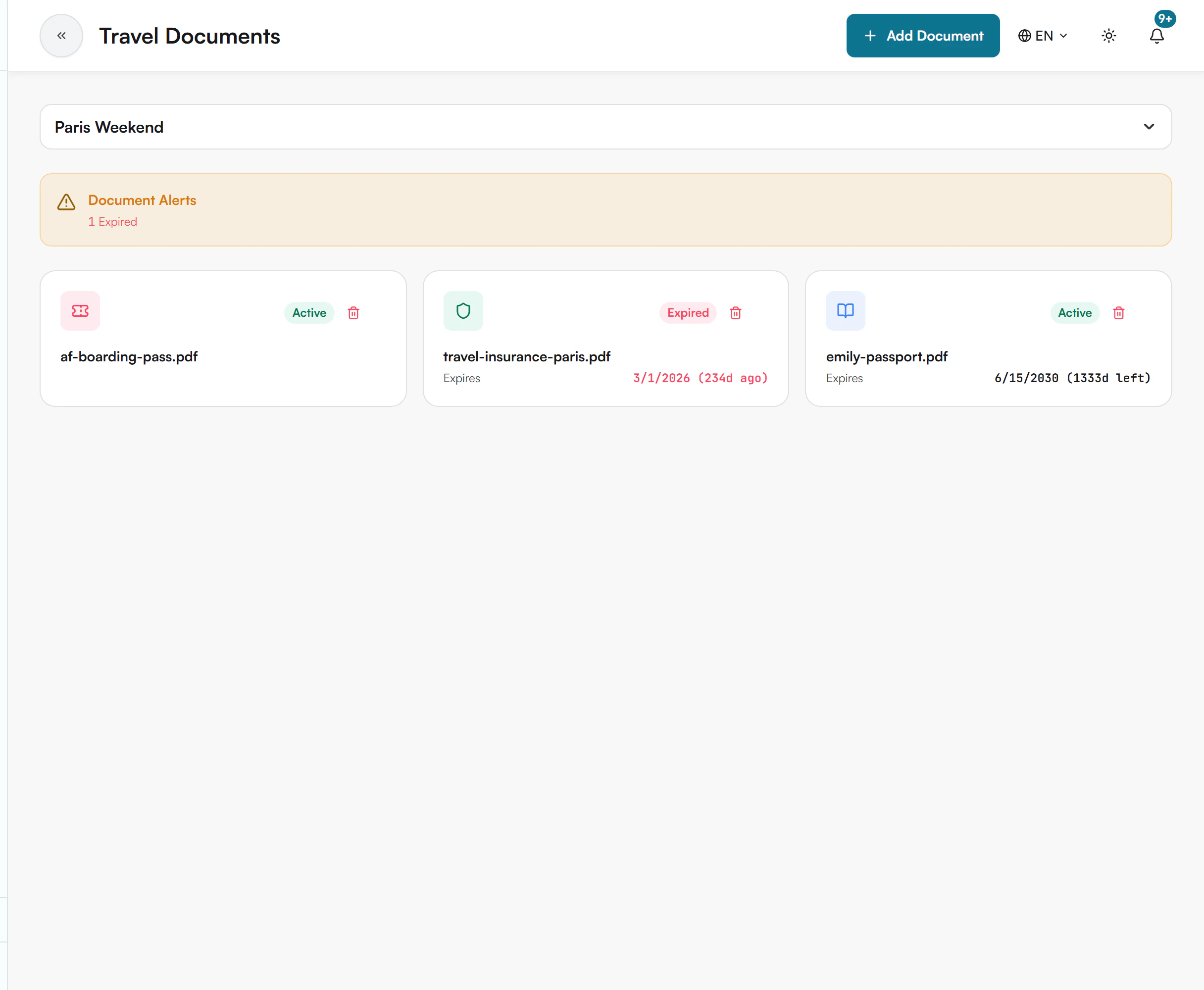 Travel Documents page with the trip selector, an amber Document Alerts notice reading 1 Expired, and three document cards with status badges and expiry dates