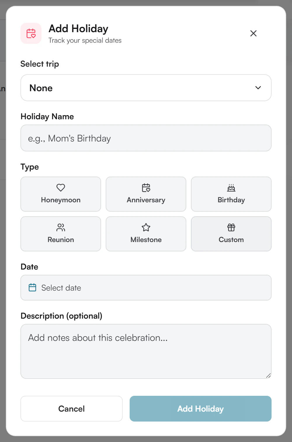 Add Holiday window with a Select trip field set to None, a Holiday Name field, a grid of six type buttons, a Date picker, a Description field and Cancel and Add Holiday buttons