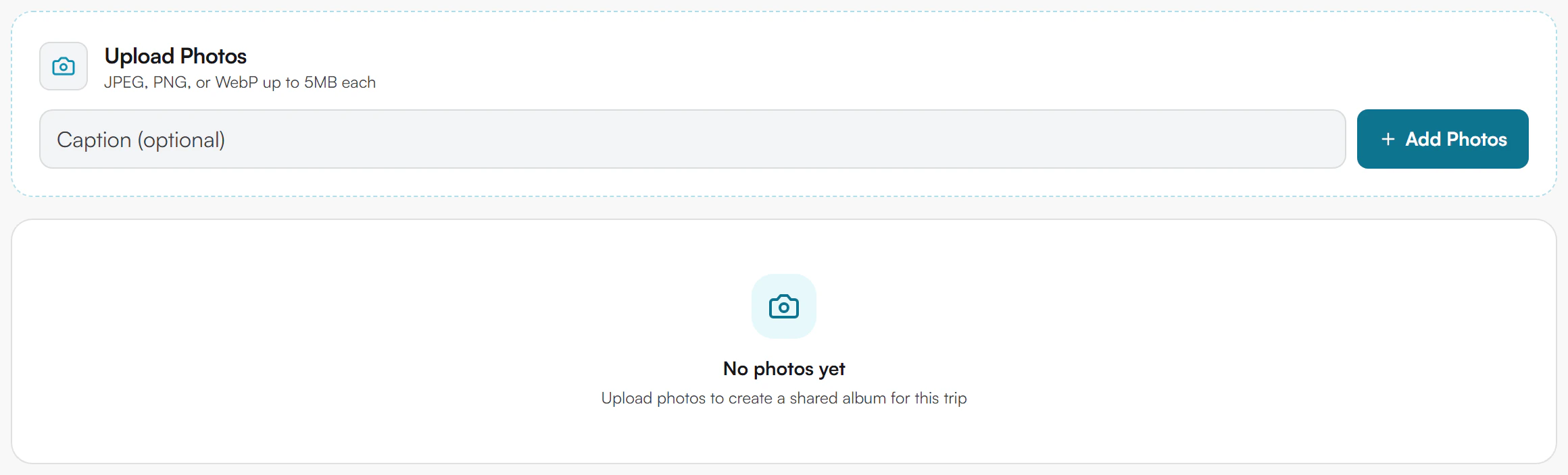 Upload Photos panel with a Caption optional field and an Add Photos button, above an empty album card that reads No photos yet