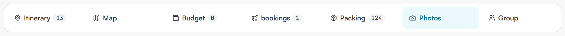 Trip tab bar with Itinerary, Map, Budget, bookings, Packing, Photos and Group, and the Photos tab highlighted