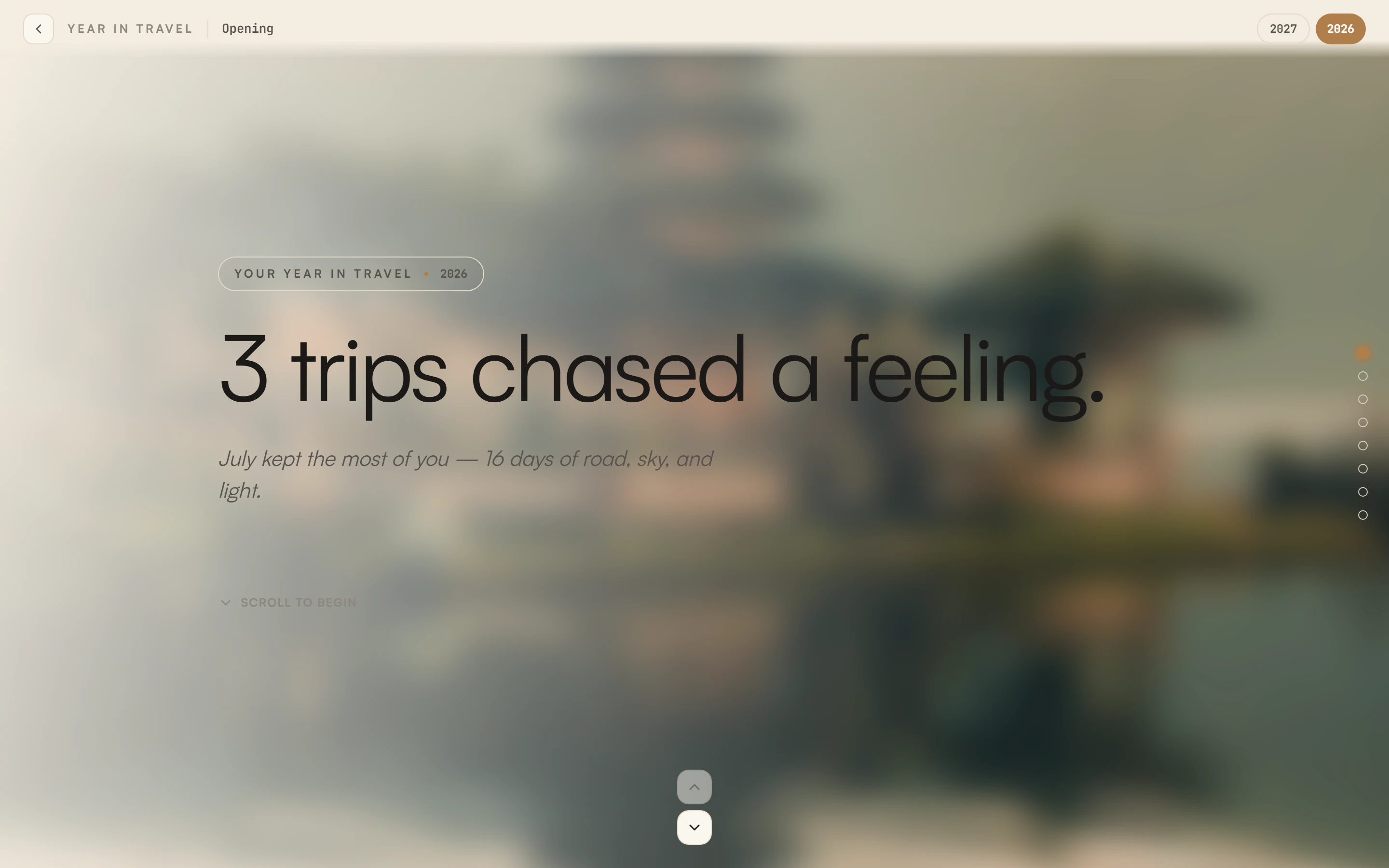 Full-screen opening slide with a Your year in travel 2026 label, a large headline sentence, a Scroll to begin hint, a back button at the top left, and 2027 and 2026 year buttons at the top right