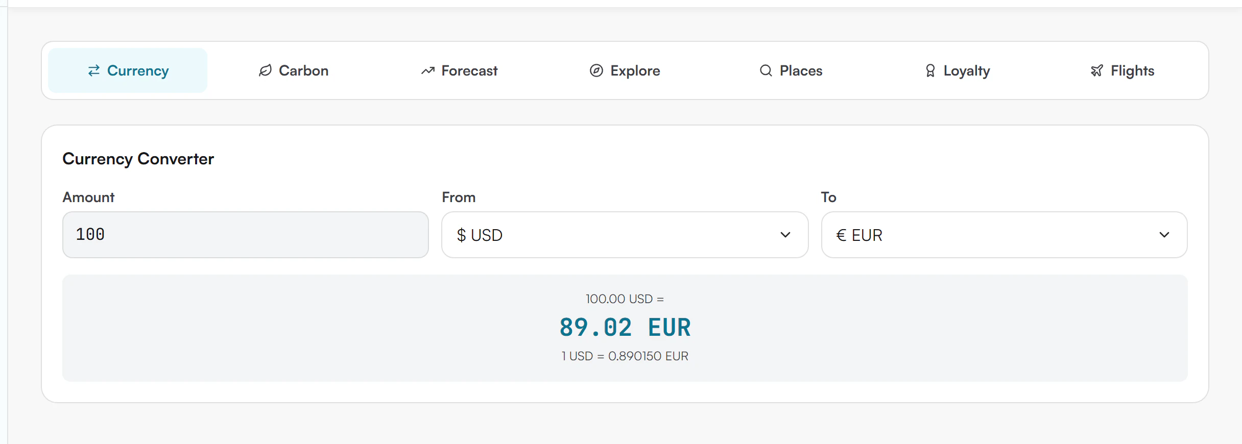 Currency Converter with an Amount of 100, From set to USD, To set to EUR, and the result 89.02 EUR below