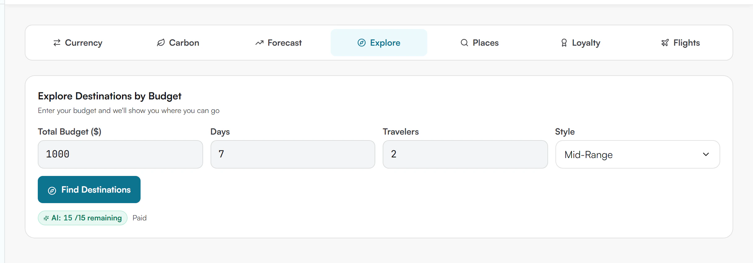 Explore Destinations by Budget form with Total Budget of 1000, Days 7, Travelers 2, Style Mid-Range, a Find Destinations button, and an AI usage pill reading 15 of 15 remaining