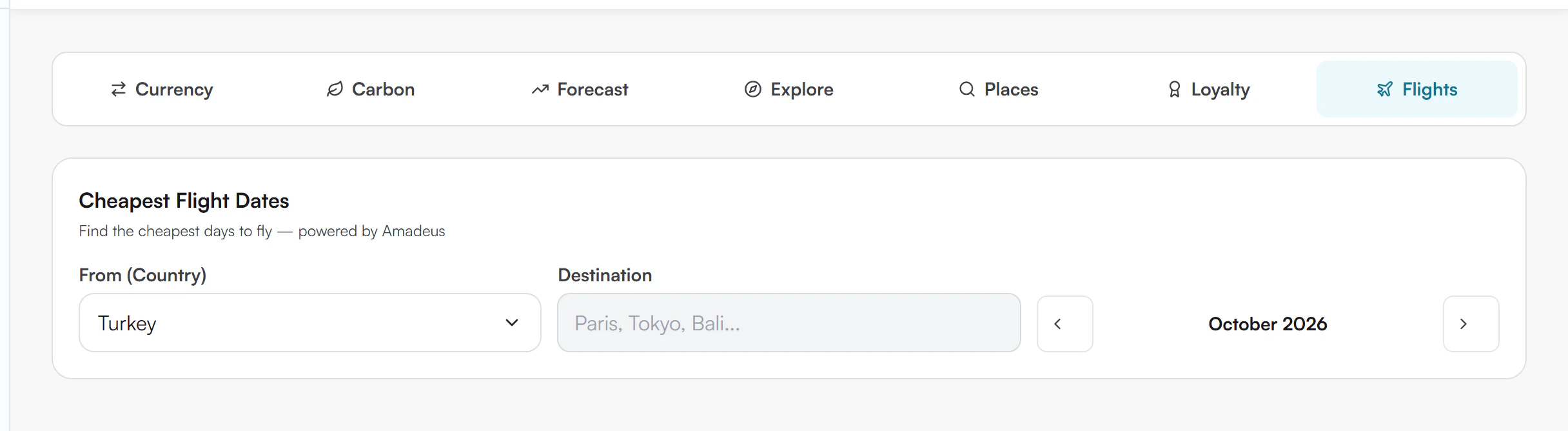 Cheapest Flight Dates form with From (Country) set to Turkey, a Destination field, and a month picker showing October 2026 with previous and next arrows