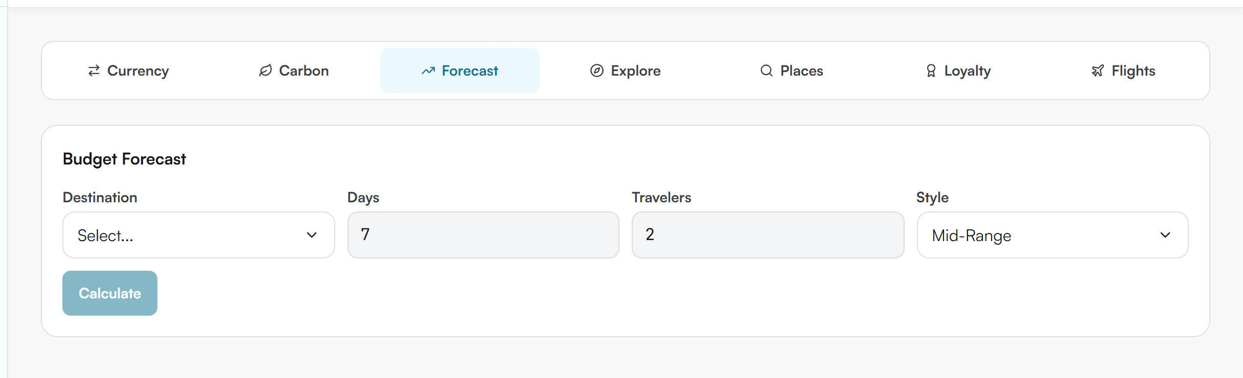Budget Forecast form with a Destination selector showing Select, Days set to 7, Travelers set to 2, Style set to Mid-Range, and a Calculate button