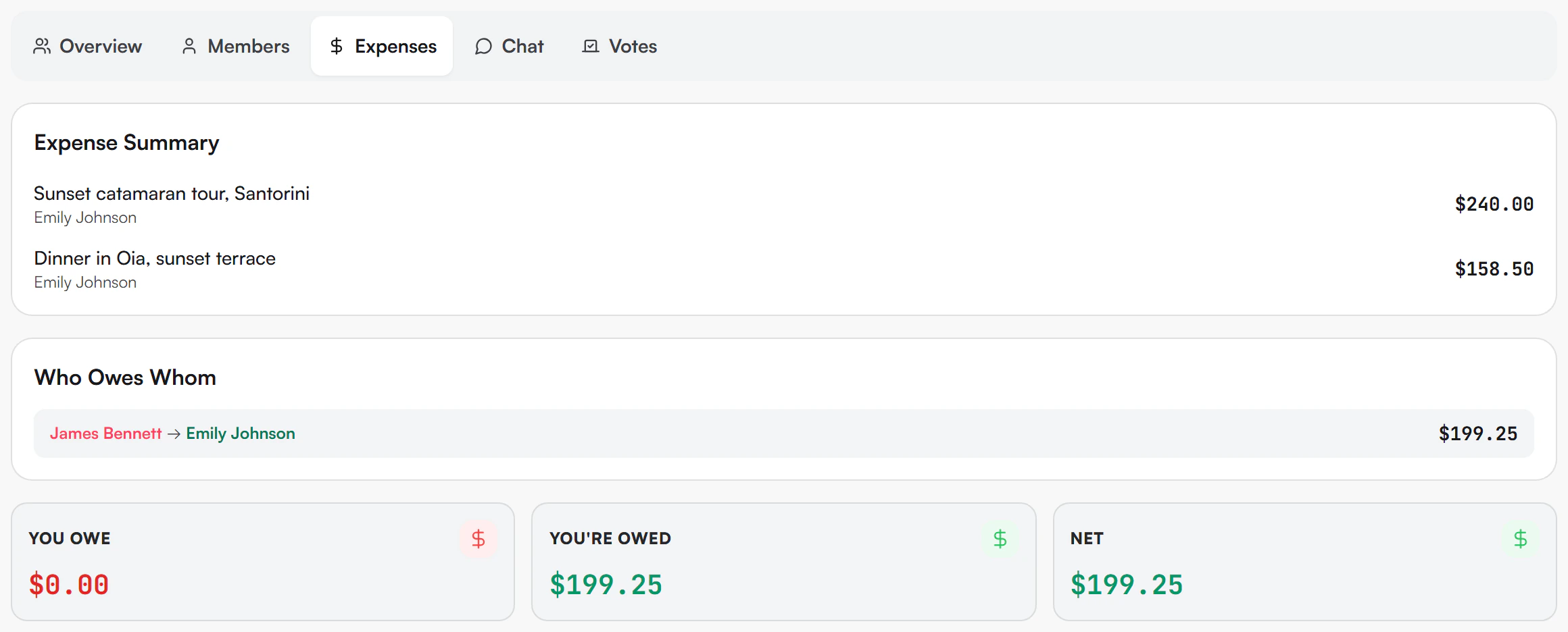 Expenses tab with an Expense Summary list of the two shared expenses, each with the payer and an amount, followed by a Who Owes Whom card showing one transfer of $199.25, and three cards at the bottom labelled You Owe, You're Owed and Net