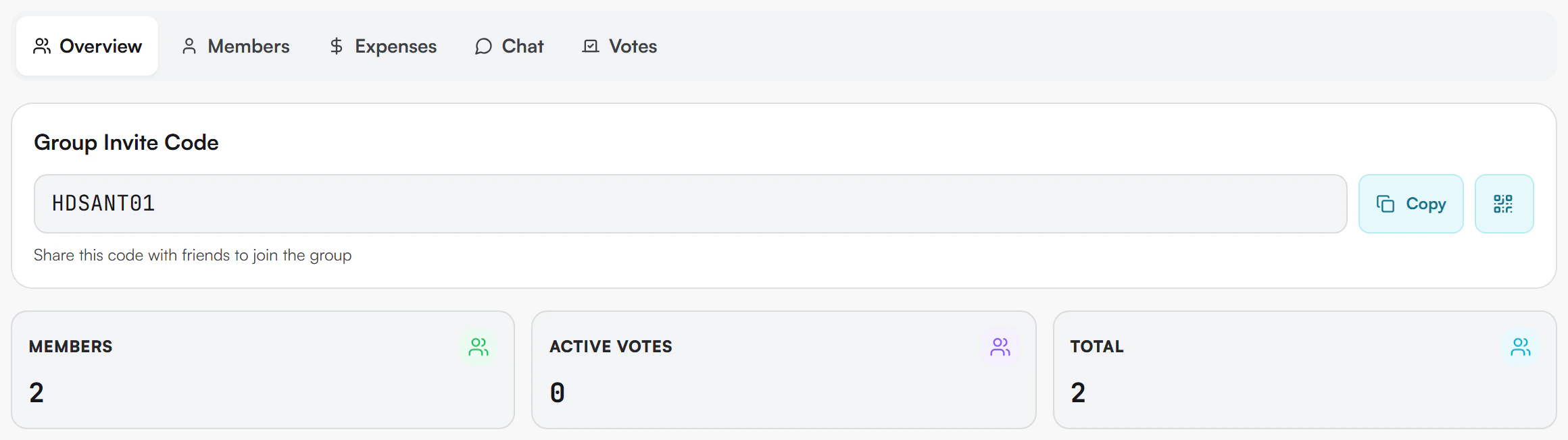 Overview tab with a Group Invite Code card showing the code HDSANT01, a Copy button and a QR code button, and three figures below: Members 2, Active Votes 0 and Total 2